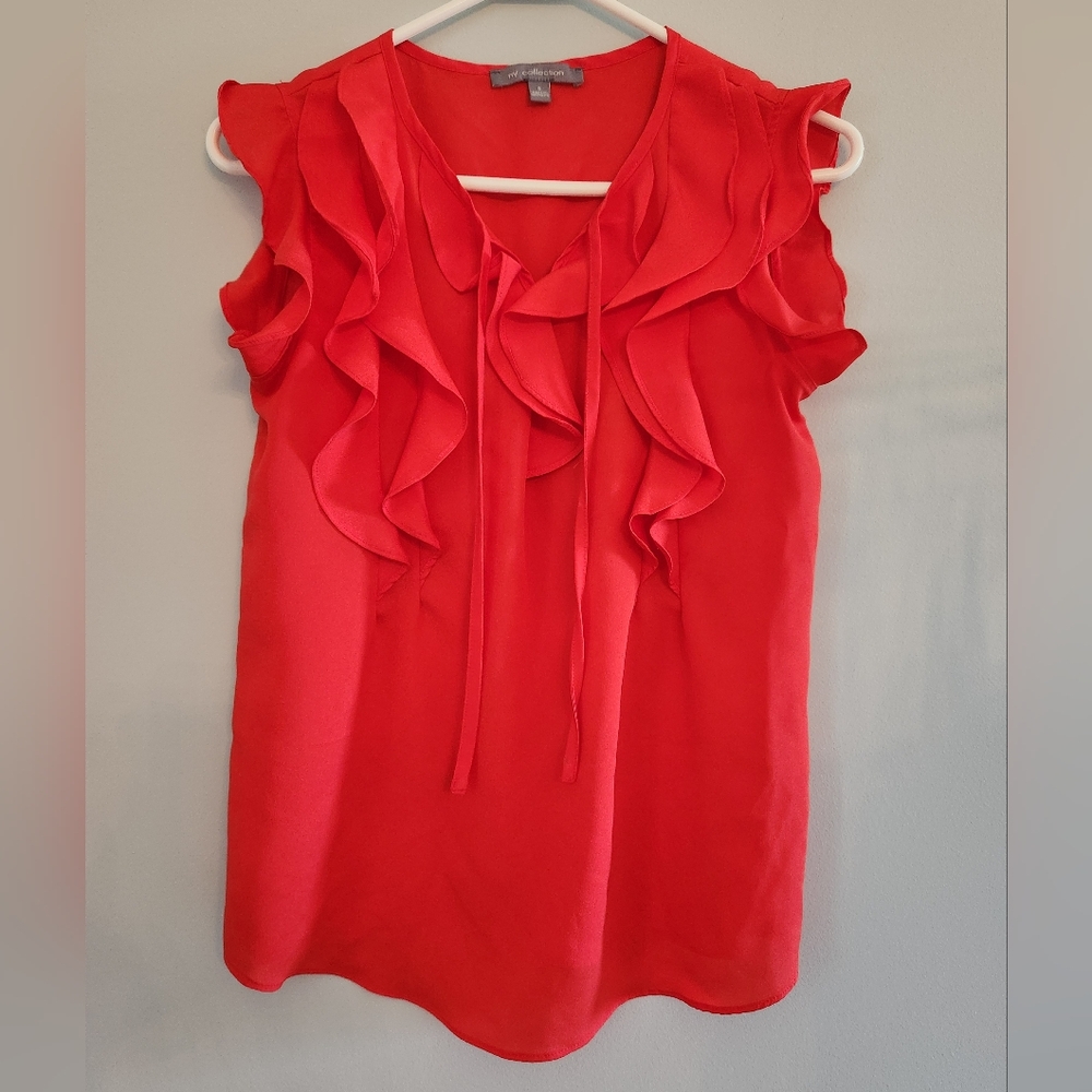 (4 For $20) NY Collection Coral Womens Blouse.  Size S.  Ruffle front & Sheer.